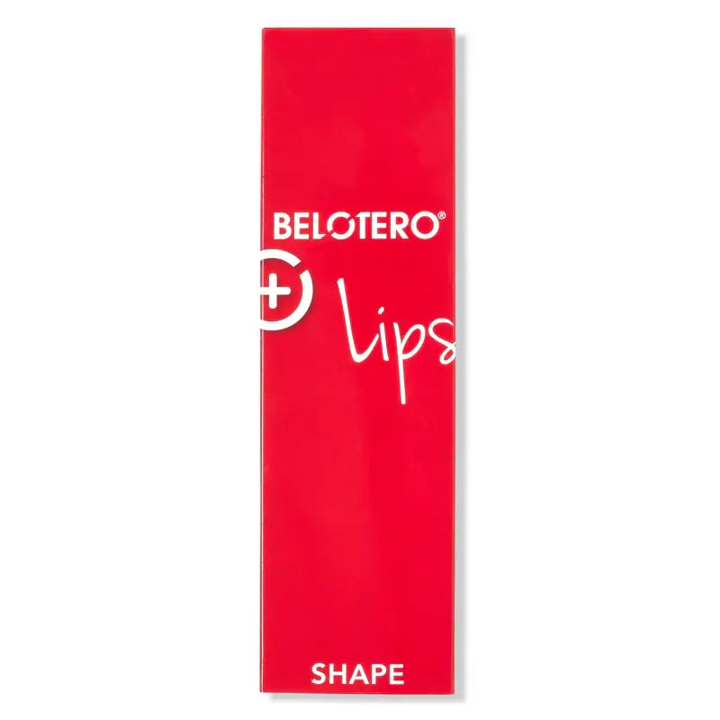 Red packaging of Belotero Lips Shape on a white background. Hyaluronic acid dermal filler for lip enhancement, smoothing and augmentation.