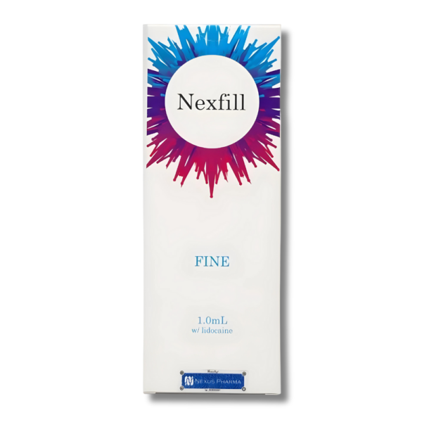 A box of Nexfill Fine, with a white background and blue and red abstract shapes around the name 'Nexfill' on the top. The product size is indicated as 1. Dermal filler for fine lines and wrinkles.