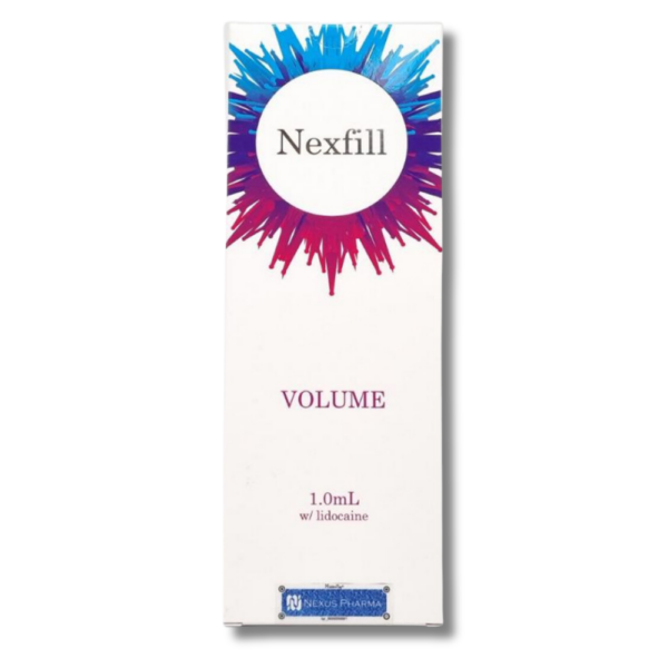 A box of Nexfill Volume, a hyaluronic acid filler, with a concentration of 24mg/ml lidocaine, in a 1.0ml packaging. Dermal filler for restoring face volume and treating deep folds and wrinkles.