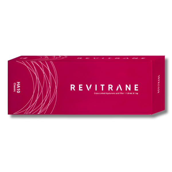 A box of Revitrane Classic cosmetic product with a red background and white text. Dermal filler for fine lines, wrinkles and facial enhancements.
