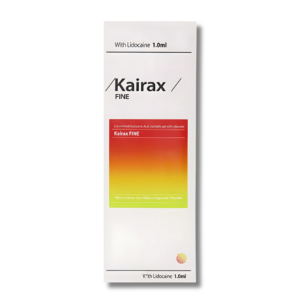 A box of Kairax Fine, a hyaluronic acid filler, with branding and product information displayed on the packaging. Dermal filler for fine lines and wrinkles.