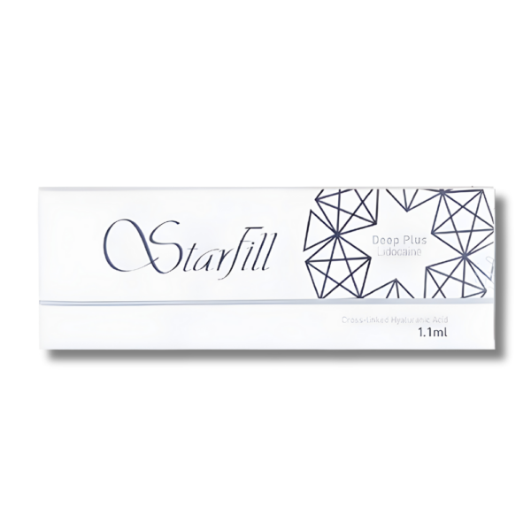 A box of Starfill Implant Plus dermal fillers, with branding and product information displayed on the packaging. Fo volumising the face and deep wrinkles.