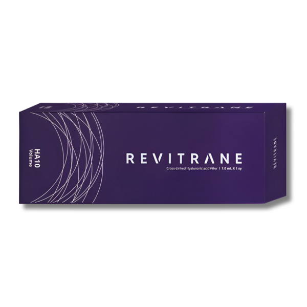 A box of Revitrane Volume, with a purple background and the brand name displayed prominently. Hyaluronic acid dermal filler for restoring facial volume and augmentation.