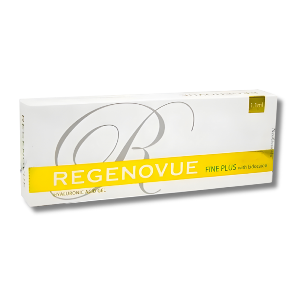 A box of Regenovue Fine Plus dermal filler, with a white and yellow color scheme and branding on the packaging. Hyaluronic acid dermal filler for fine lines and wrinkles.