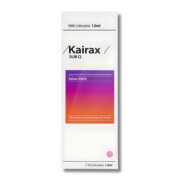A box of Kairax Sub Q, with a purple and white color scheme and text detailing the product's use for skin enhancement. For facial contouring and enhancements.