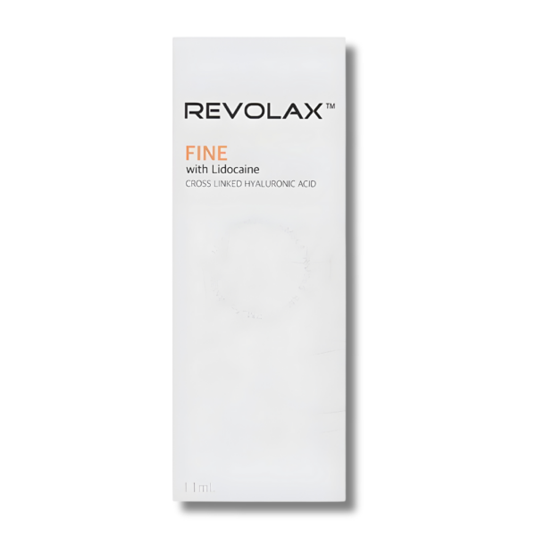 A box of Revolax Fine, a cosmetic product with text indicating it contains hyaluronic acid and lidocaine for medical use. Fine dermal filler for facial rejuvenation and balancing.