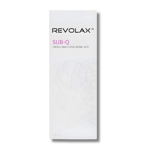 A box of Revolax Sub Q, which is a cosmetic product containing cross-linked hyaluronic acid for the treatment of wrinkles and deep creases.