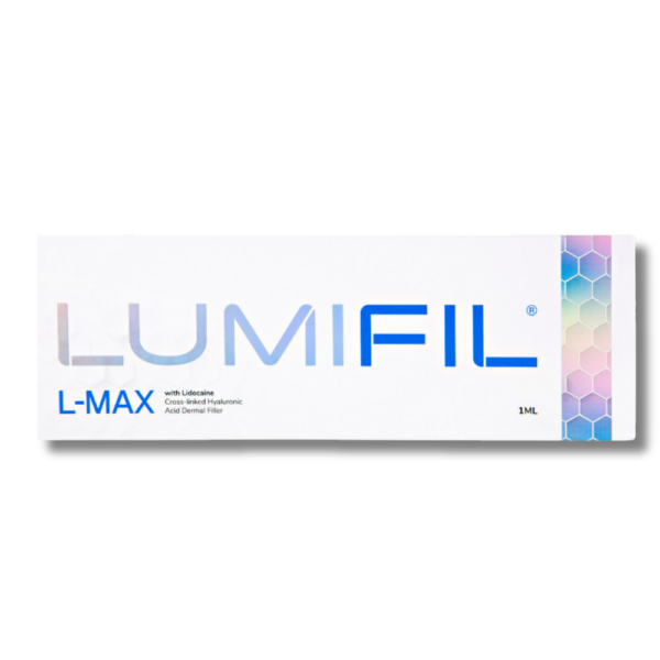 A box of LUMIFIL Max, an aesthetic product for skin treatment. For deep dermal filler treatment for augmentation of jaw, chin and cheeks.
