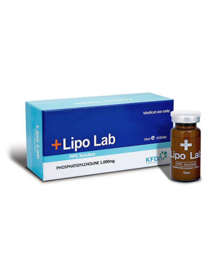 A box and vial of Lipo Lab PPC fat dissolving solution, with branding and dosage information visible. Lip Lab fat dissolve for targeting dissolving of body fat deposits.