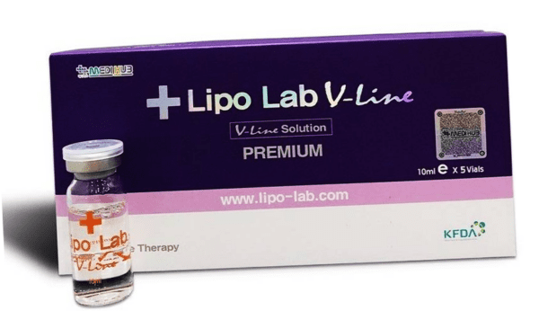 A box of Lipo Lab V-Line premium lipolytic solution with a vial in front, indicating the product is used for targeting localized fat deposits in the face.