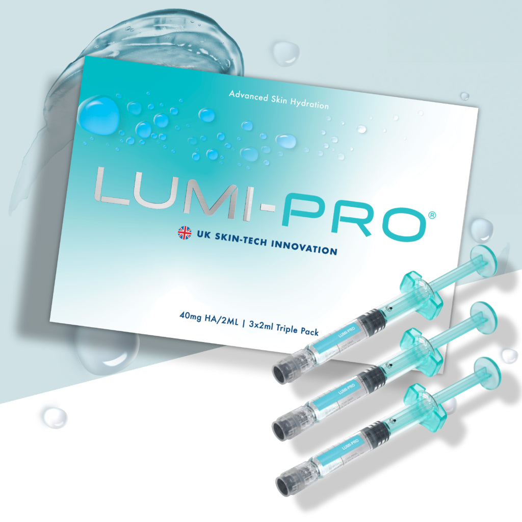 A product image featuring LUMI-PRO Skin Booster, a triple pack of 2ml syringes for skin hydration treatment, with packaging that highlights advanced skin hydration technology.