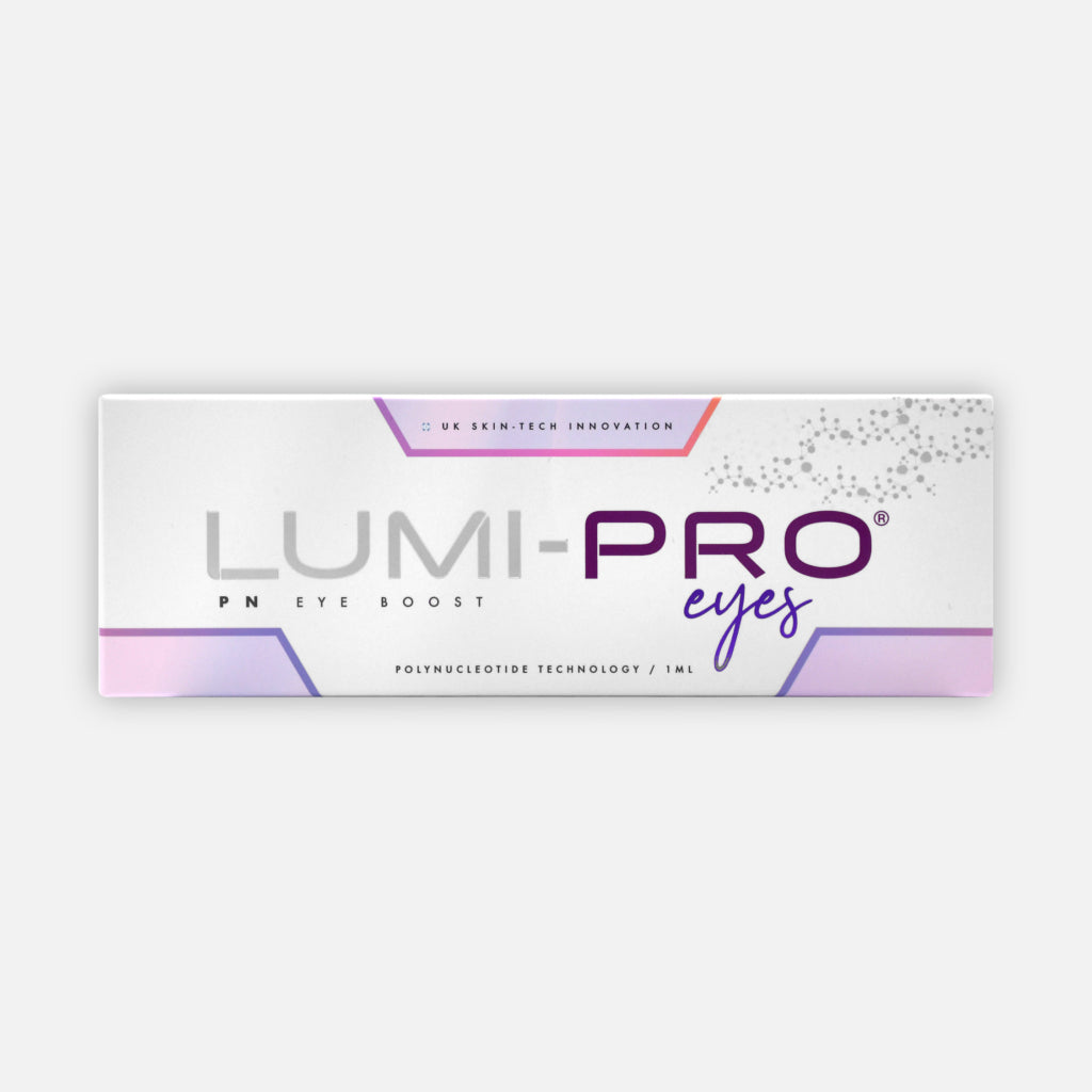 Packaging for LUMI-PRO Eyes PN Skin Booster, featuring a white background with product name displayed in purple and pink text. Polynucleotide for under eyes for brightening and tightening.