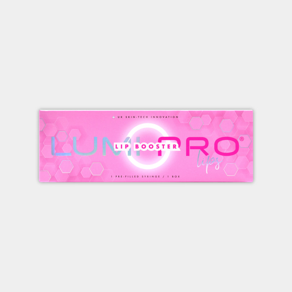 Packaging of LUMI-PRO Lips Booster, predominantly pink with product name displayed. Lip booster for hydrated and smooth lips.