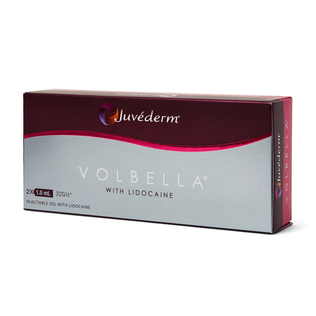Juvederm Volbella box. Hyaluronic acid dermal filler for fine lines around the mouth and lip enhancement.