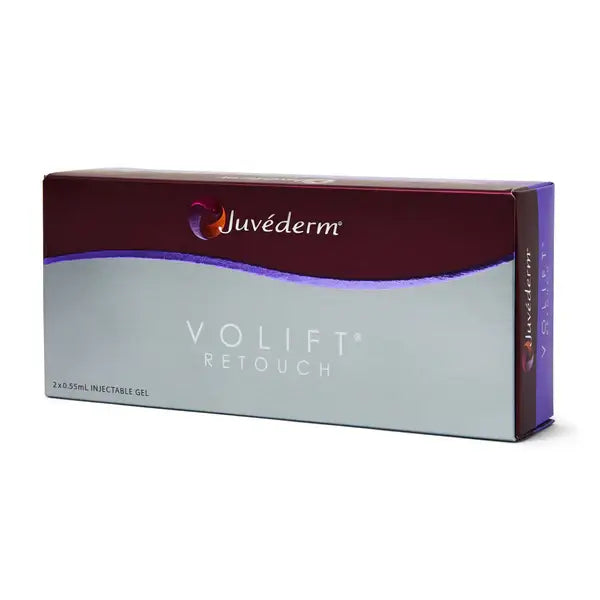 Juvederm Volift Retouch packaging on a white background. Treatment for improved skin hydration, elasticity and reducing fine lines or wrinkles.