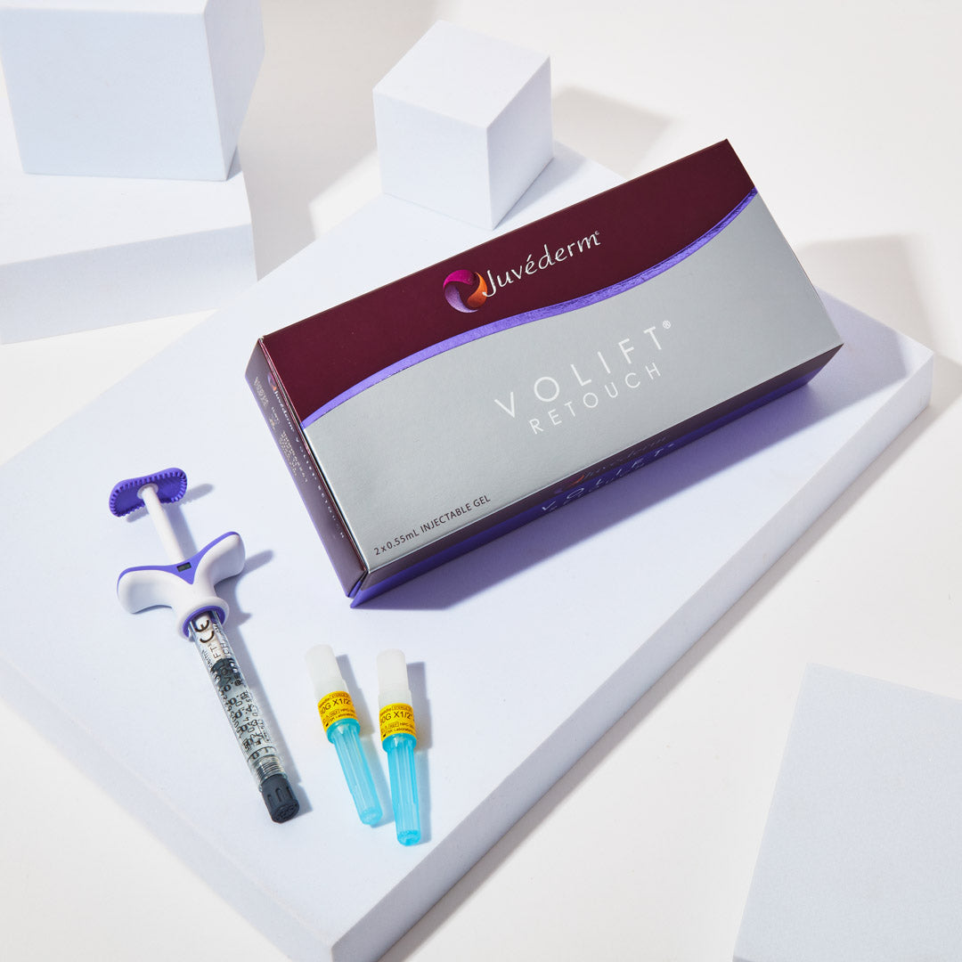 Juvederm Volift Retouch Display. Treatment for improved skin hydration, elasticity and reducing fine lines or wrinkles.
