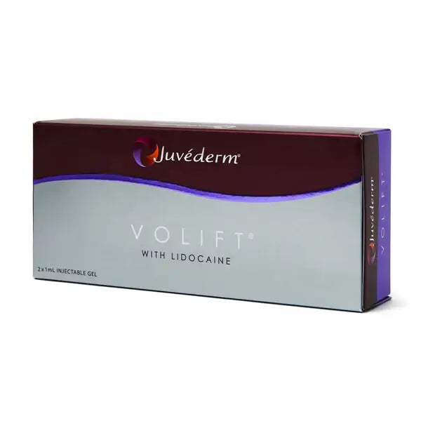 Juvederm Volift with Lidocaine packaging on a white background. Hyaluronic acid dermal filler for restoring facial volume and alleviating deep lines or folds.
