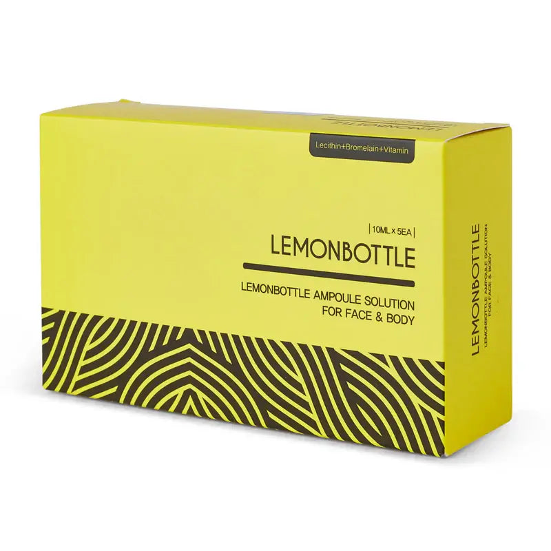 Yellow box of Lemonbottle ampoule solution with black text and geometric pattern. Lemonbottle fat dissolver for targeted fat reduction.