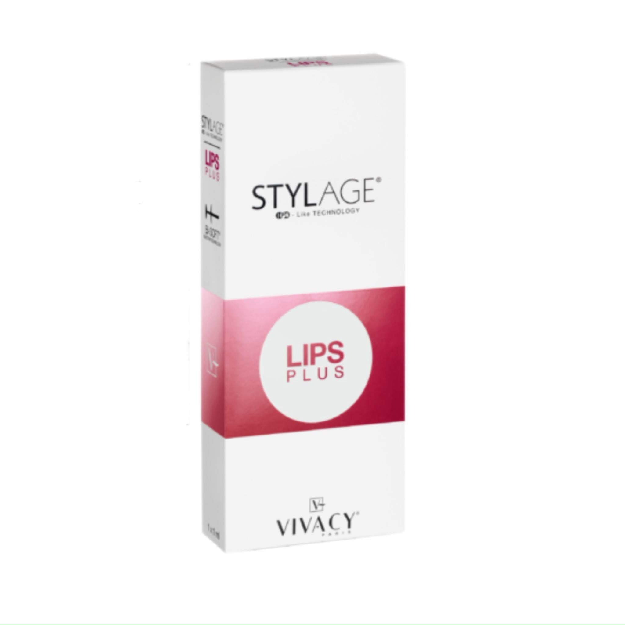 Stylage Lips plus Box. Hyaluronic acid dermal filler with lidocaine for lip augmentation or enhancement.