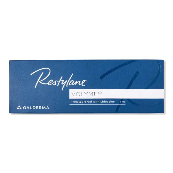 Restylane Volyme injectable gel packaging with Galderma logo on a white background. Hyaluronic acid dermal filler for adding volume to the face, cheeks, jaw and chin.