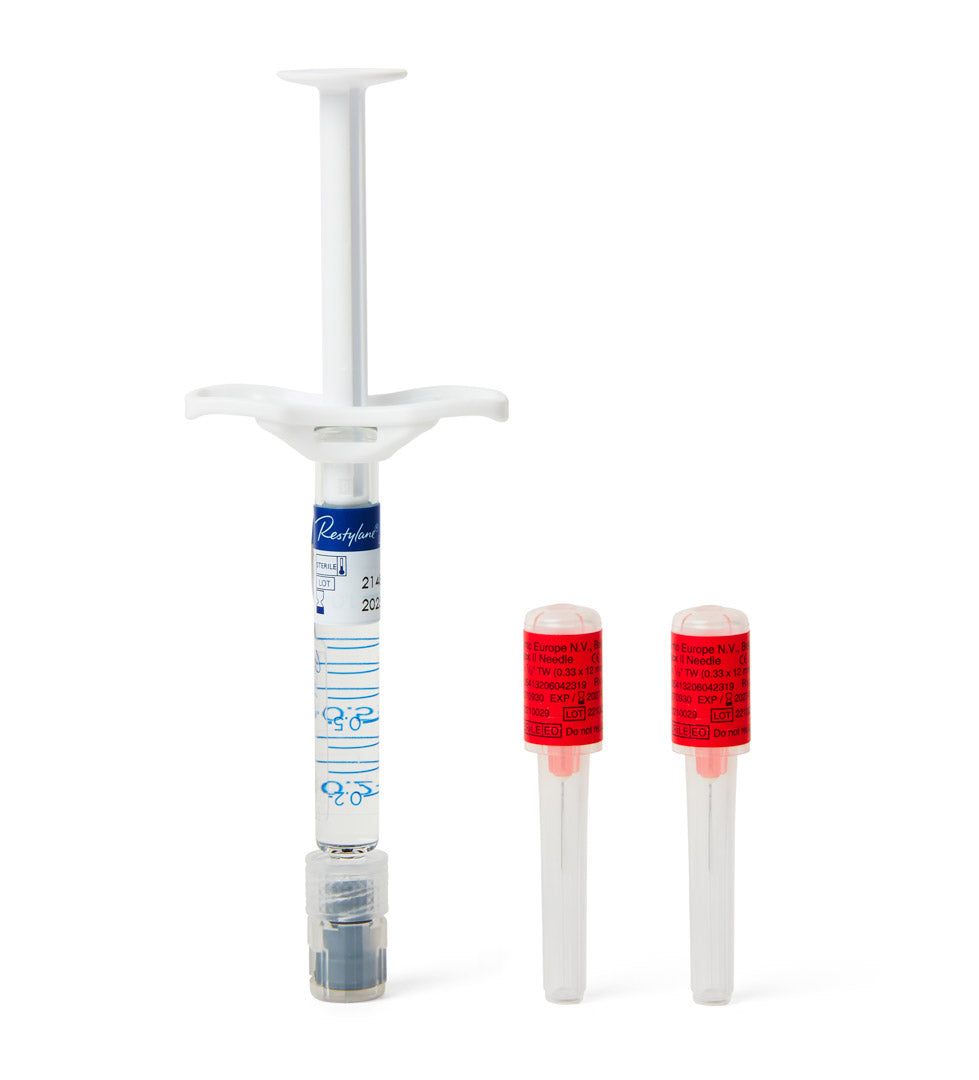 Restylane Classic content. Hyaluronic acid dermal filler with lidocaine for the reduction of folds and wrinkles, giving a smoother and more youthful appearance.