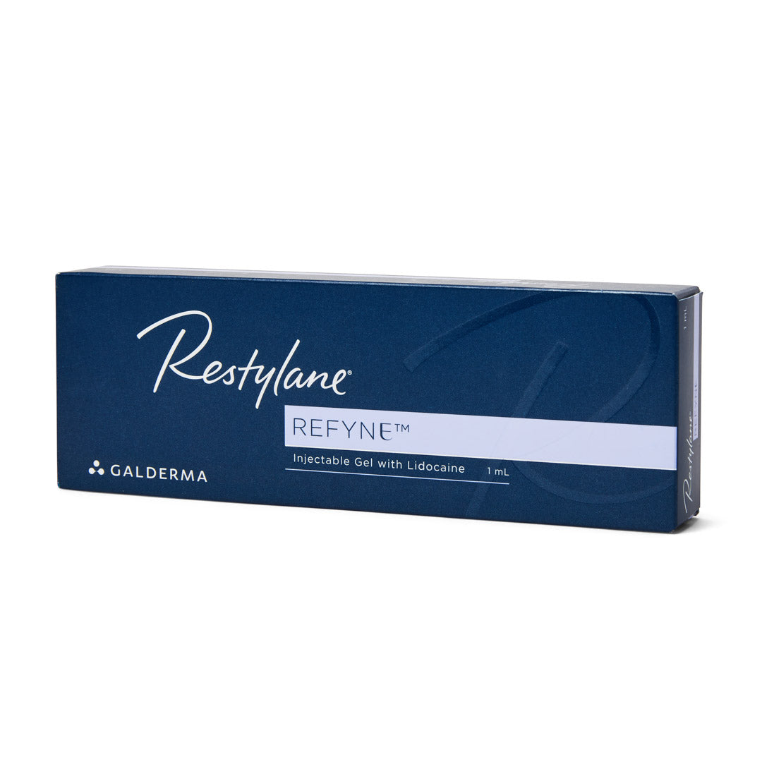 Restylane Refyne Box. Hyaluronic acid dermal filler for the reduction of folds and wrinkles, giving a smoother and more youthful appearance.