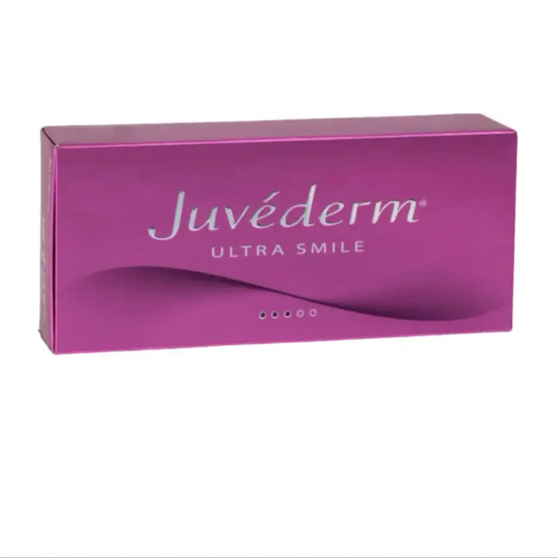 Pink box of Juvederm Ultra Smile on a white background. Hyaluronic acid dermal filler for lip enhancement and augmentation.