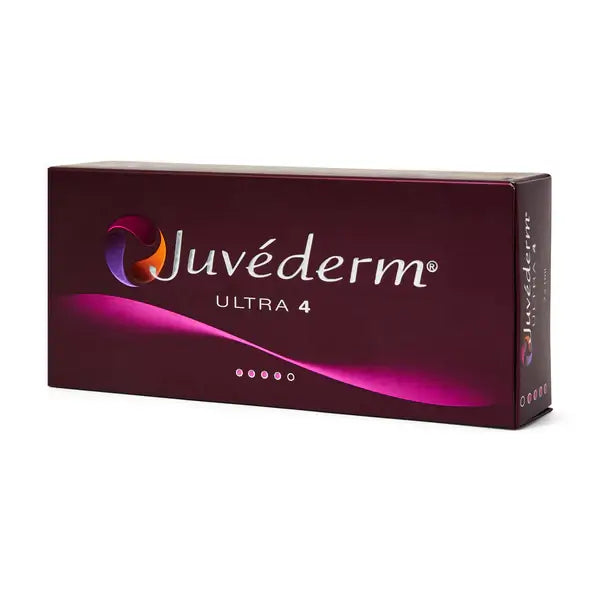 Juvederm Ultra 4 packaging on a white background. Hyaluronic acid dermal filler for facial volumisation and relieving deeper lines or wrinkles.