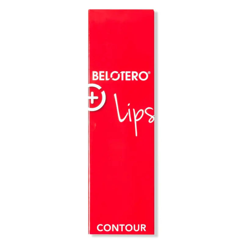Red packaging of Belotero Lips Contour on a white background. Hyaluronic acid dermal filler for lip enhancement, augmentation and smoothing around the lips. 