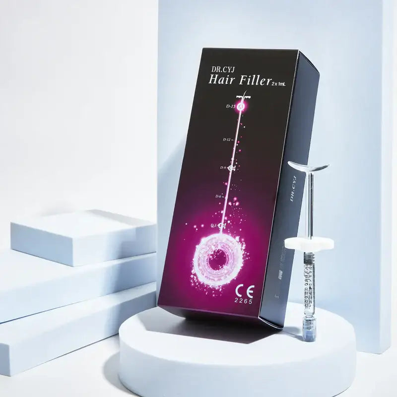 DR.CVJ Hair Filler packaging with syringe on a white background. Dermal filler for hair follicle stimulation, growth and improved thickness. 