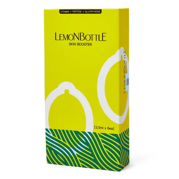Yellow box of LemonBottle Skin Booster with green wavy design on a white background. Skin booster for improved hydration, elasticity and texture.