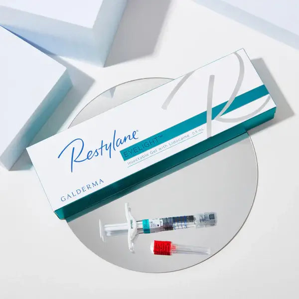 Restylane packaging with syringes on a white background. Hyaluronic acid under eye treatment for dark or hollow eyes. 