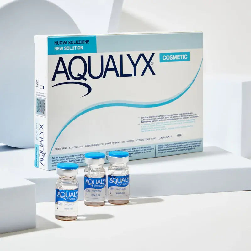 Aqualyx cosmetic packaging with vials on a white background. Aqualyx fat dissolver for targeted fat dissolving. 