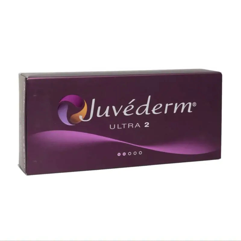 Juvederm Ultra 2 packaging on a white background. Juvederm dermal filler for fine lines, facial enhancements and lip augmentation.